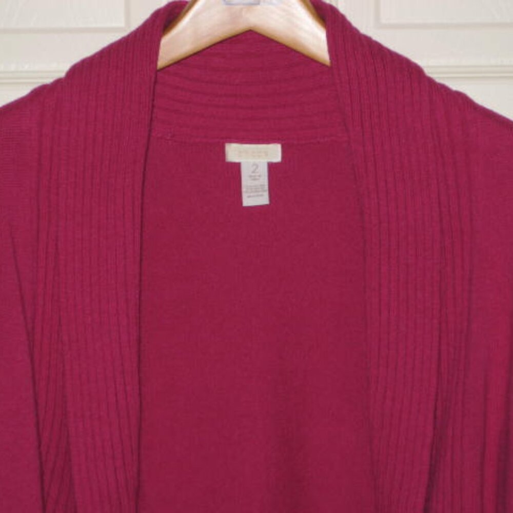 Chicos Open Front Sweater Cardigan Sz 2 L Magenta Shawl Collar Roxanne Excellent - Picture 11 of 12